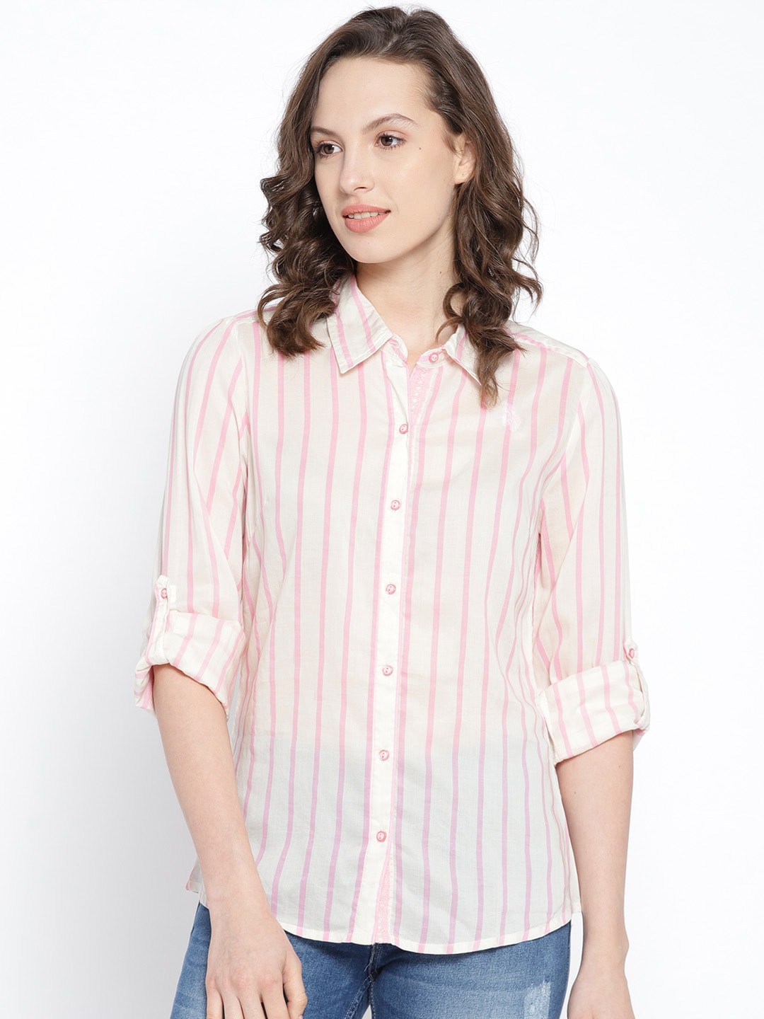 U.S. Polo Assn. Women Off-White  Pink Striped Shirt