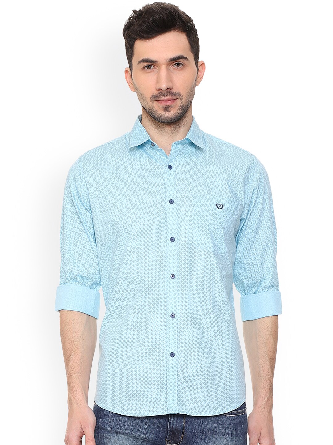 Aqua Blue Printed Slim Fit Casual Shirt