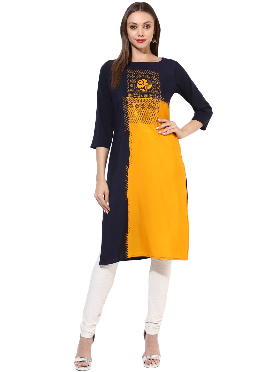 Vaamsi Women Yellow  Black Printed Straight Kurta