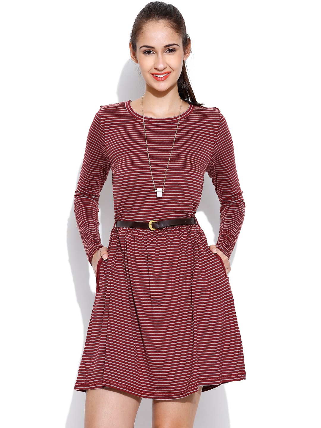 Wills Lifestyle Maroon Striped Fit  Flare Dress