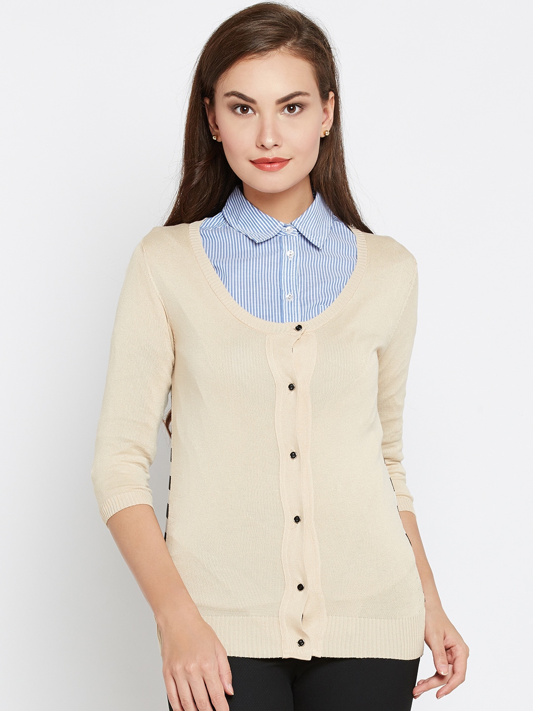 Wills Lifestyle Women Beige  Black Striped Cardigan