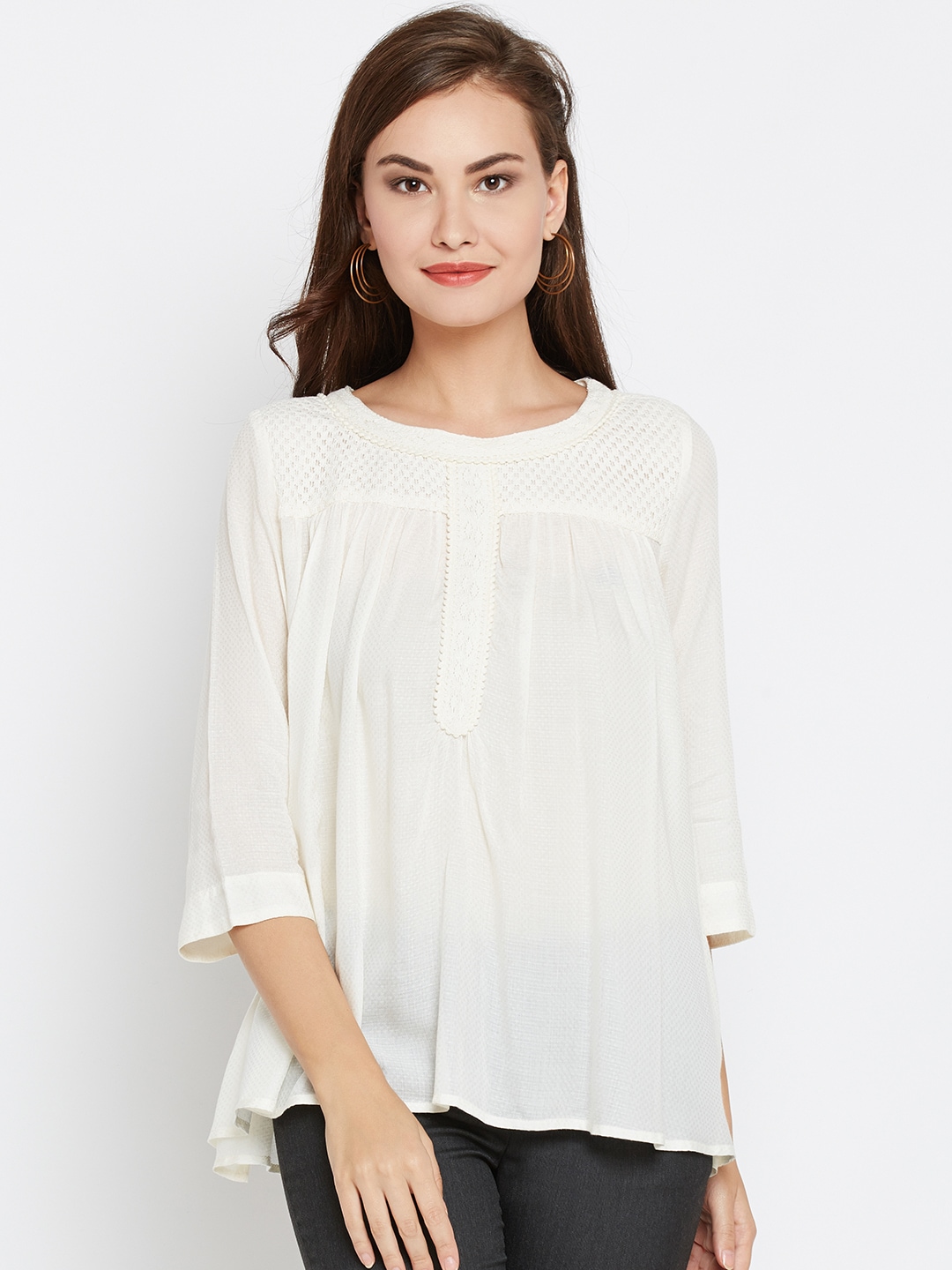 Wills Lifestyle Women Cream-Colored Self-Design Top