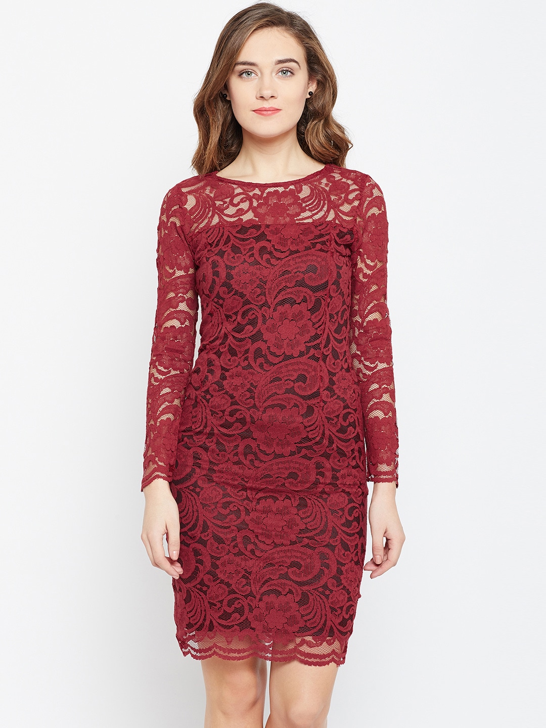 Wills Lifestyle Women Maroon Lace Bodycon Dress