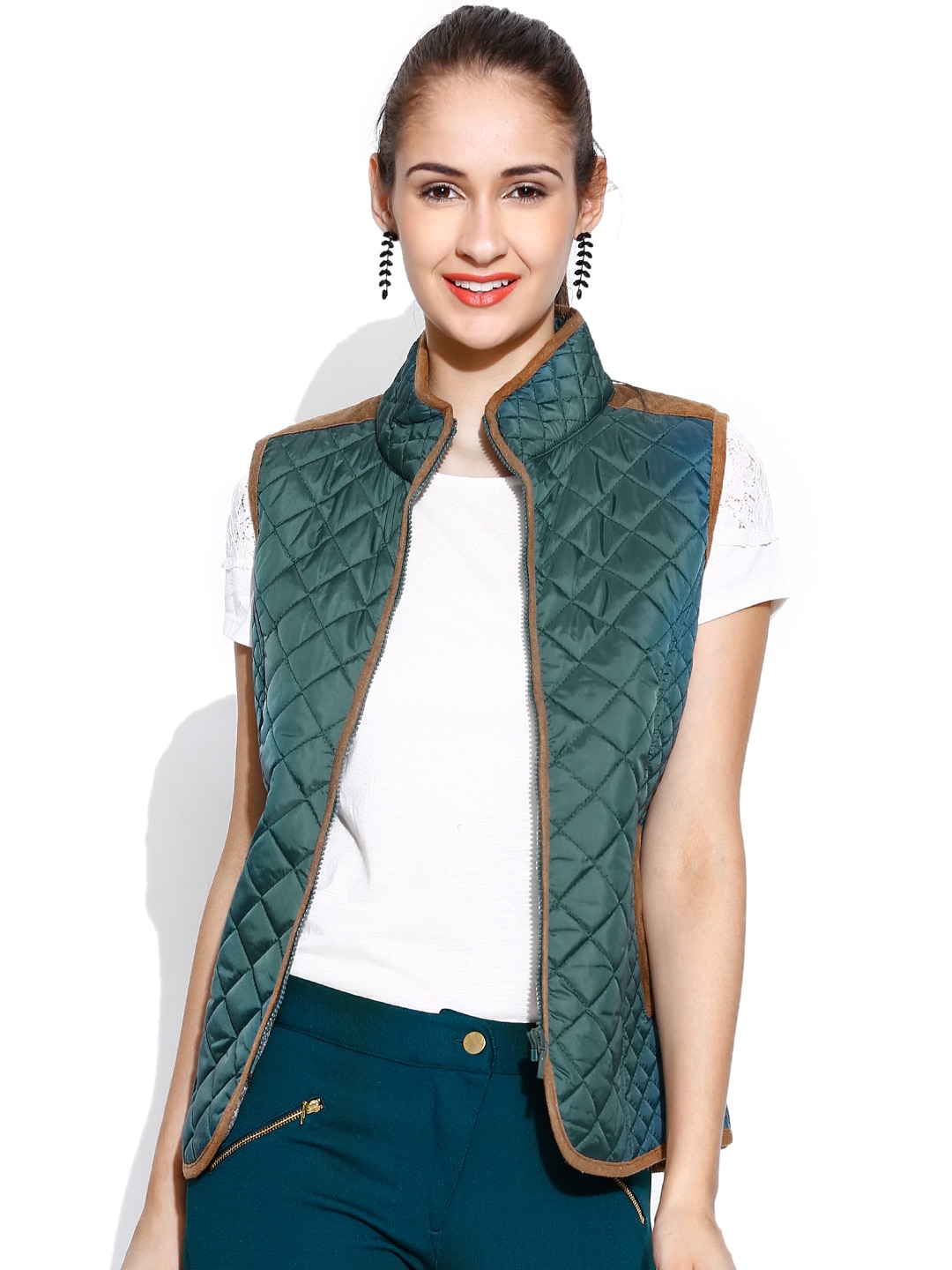 Wills Lifestyle Green Sleeveless Quilted Jacket