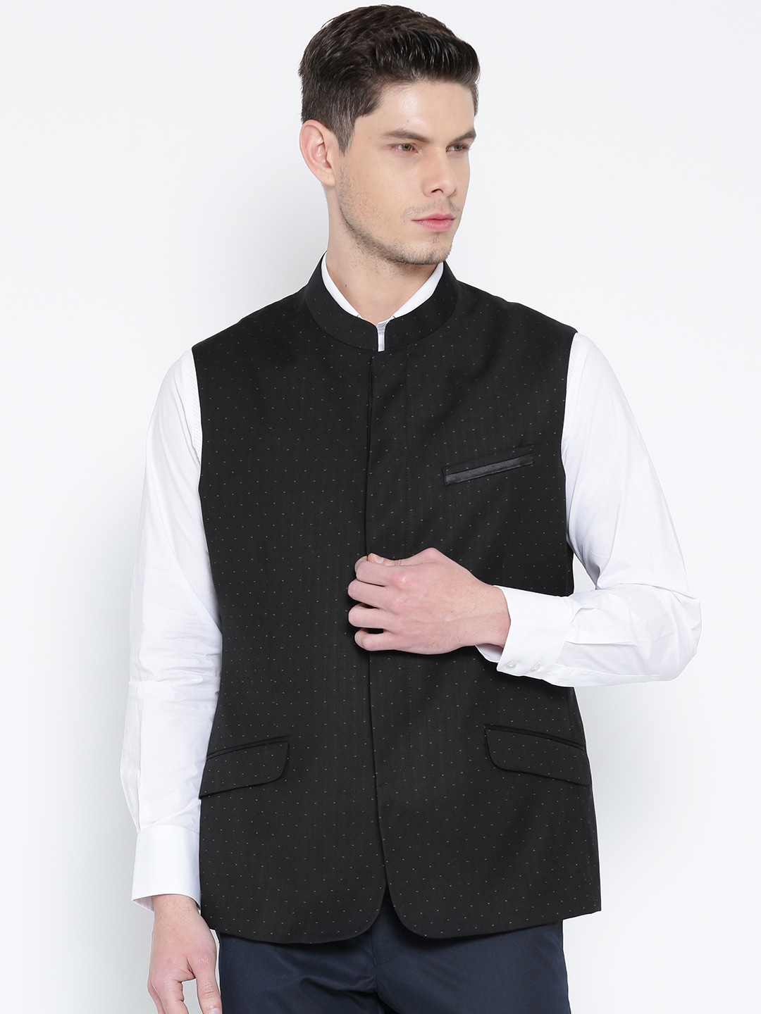 Wills Lifestyle Black Patterned Slim Fit Nehru Jacket