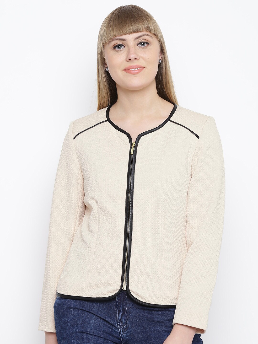 Wills Lifestyle Women Cream-Coloured Self-Design Collarless Tailored Jacket