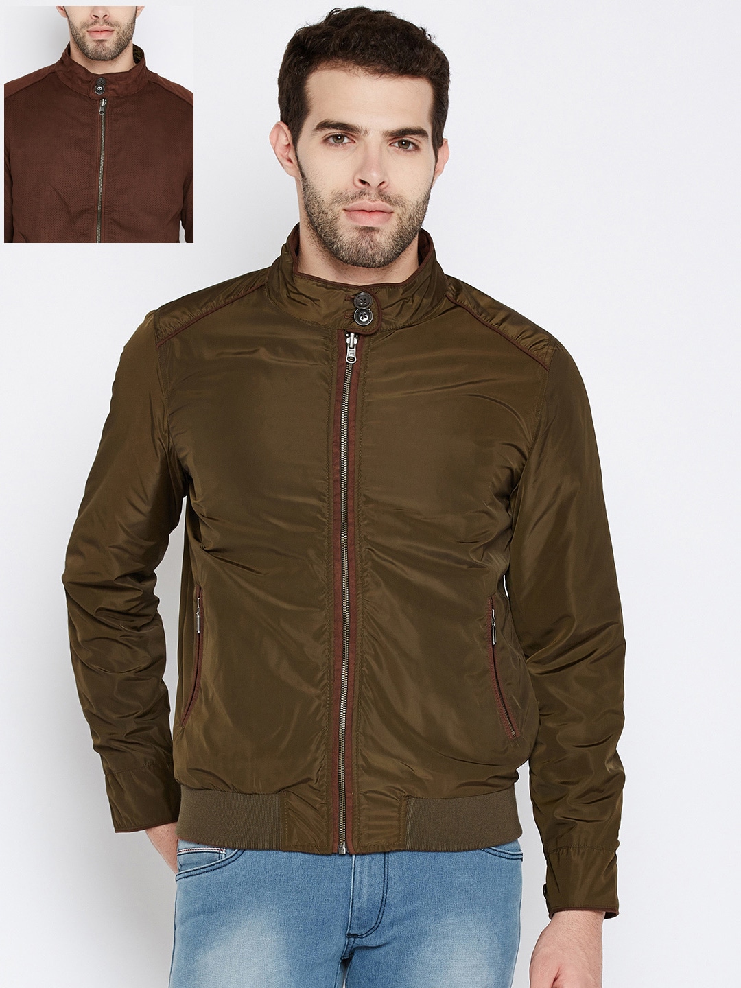 Wills Lifestyle Men Olive Green  Brown Solid Reversible Jacket