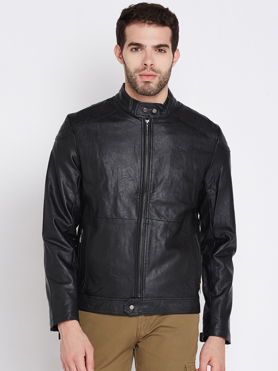 Wills Lifestyle Men Black Solid Biker Jacket