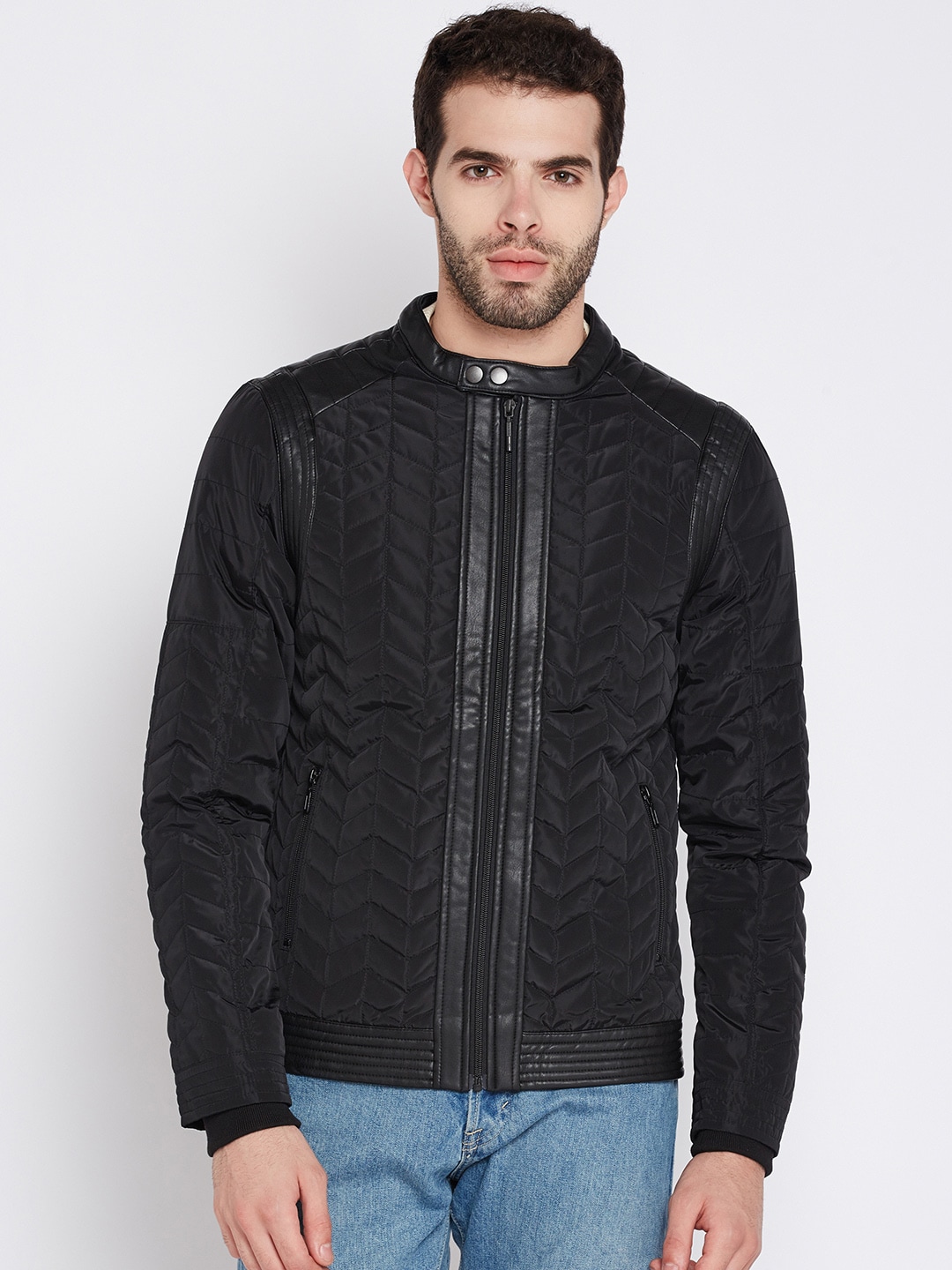 Wills Lifestyle Men Black Solid Quilted Jacket