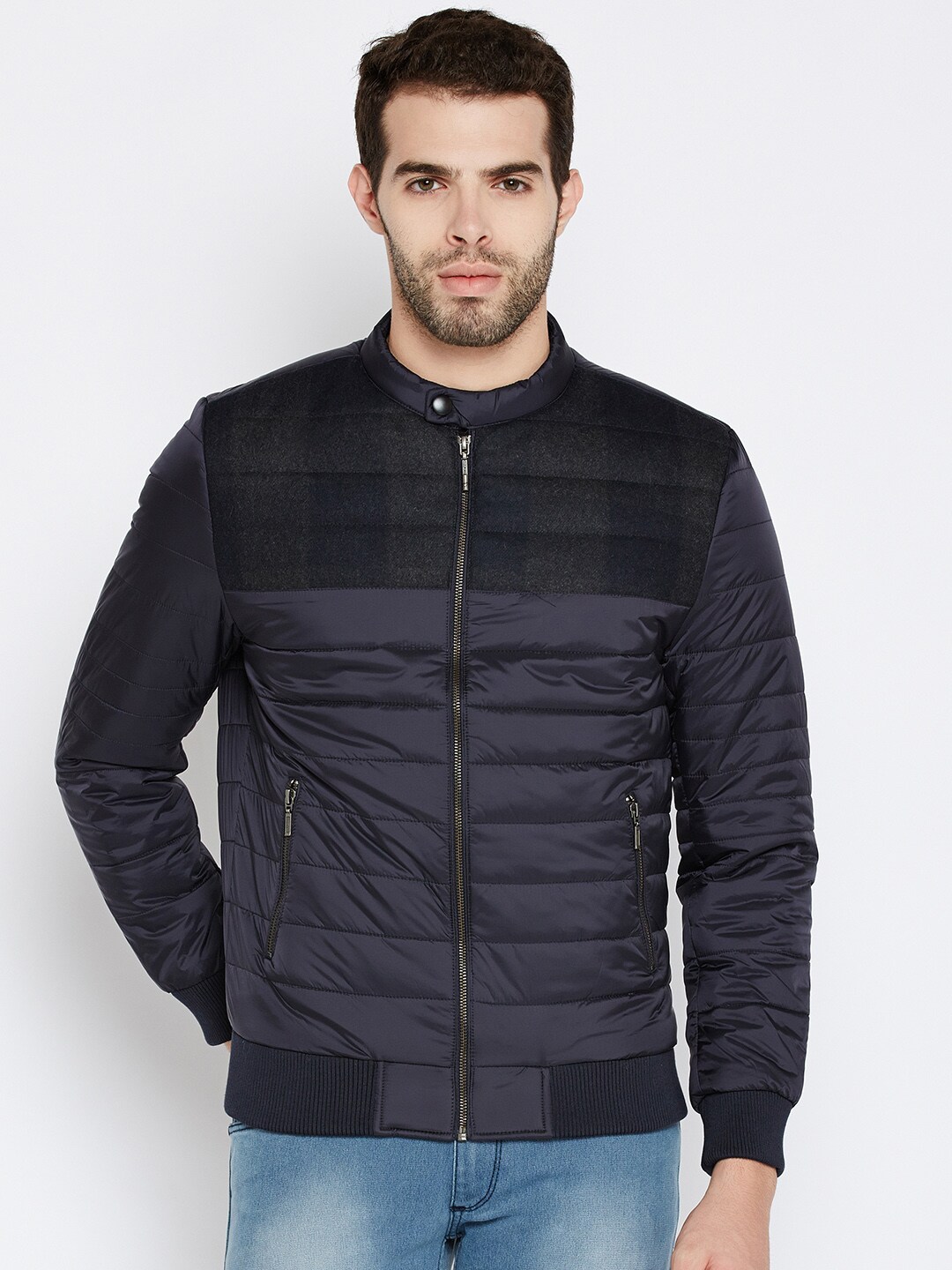 Wills Lifestyle Men Navy Solid Puffer Jacket