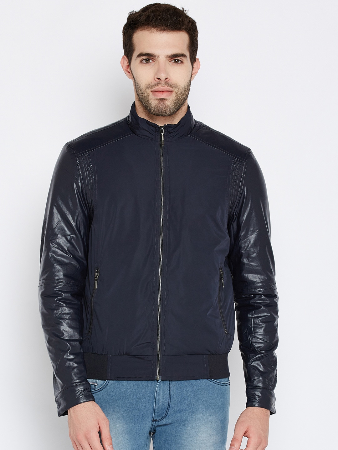 Wills Lifestyle Men Navy Solid Bomber Jacket