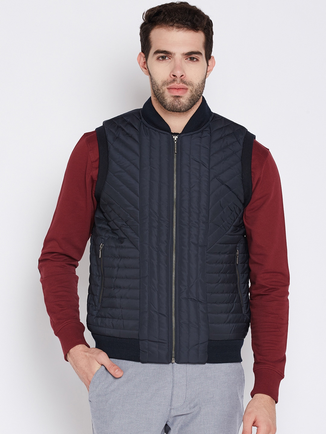 Wills Lifestyle Men Navy Solid Sleeveless Bomber Jacket