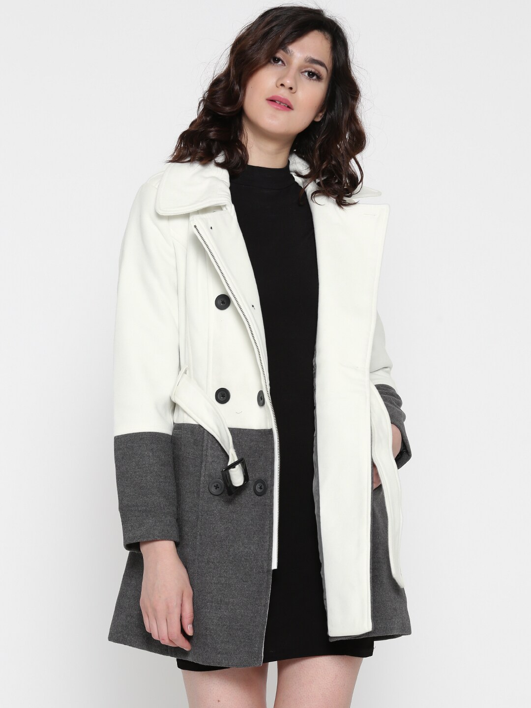 Wills Lifestyle White  Grey Melange Colourblocked Trench Coat