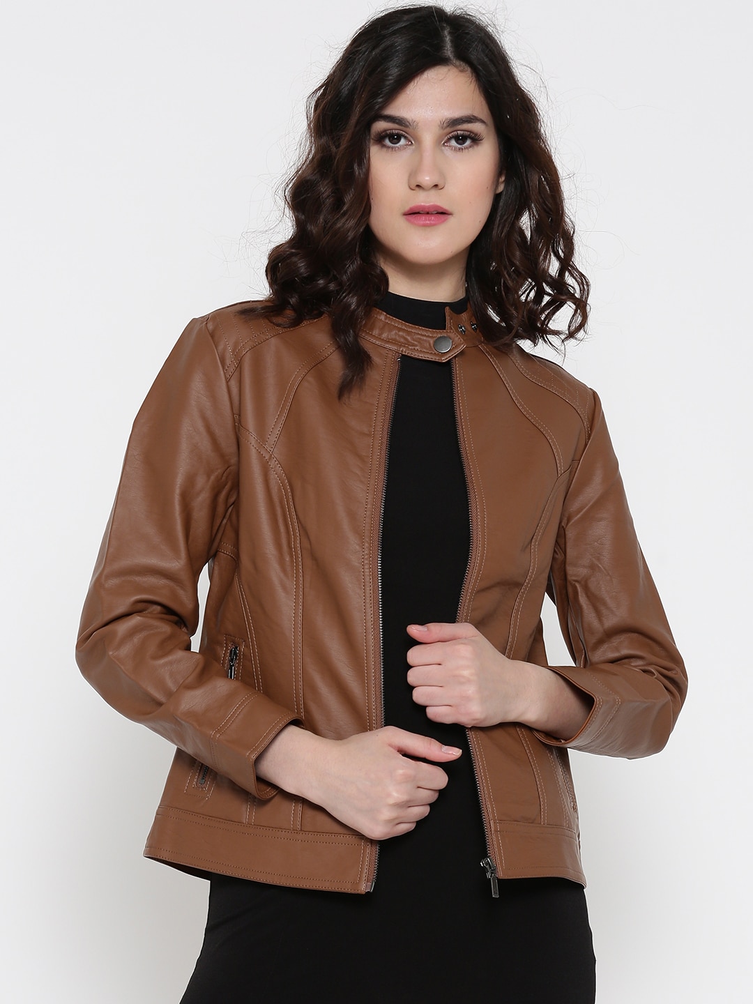 Wills Lifestyle Women Brown Solid Biker Jacket