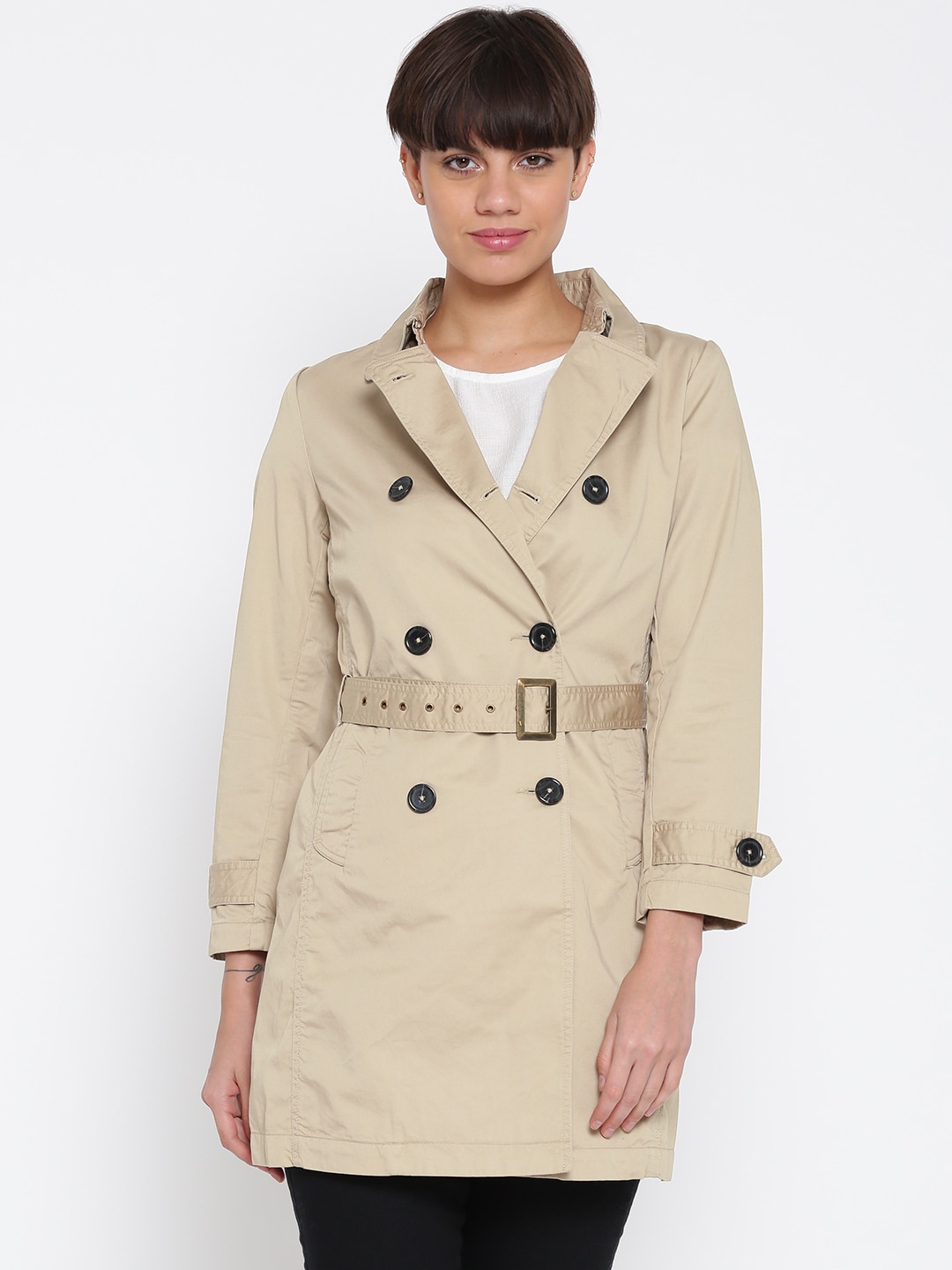 Wills Lifestyle Women Beige Solid Trench Coat