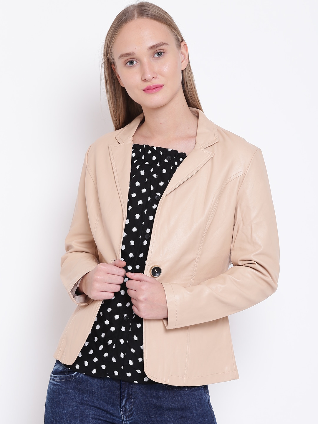 Wills Lifestyle Women Beige Solid Faux Leather Jacket