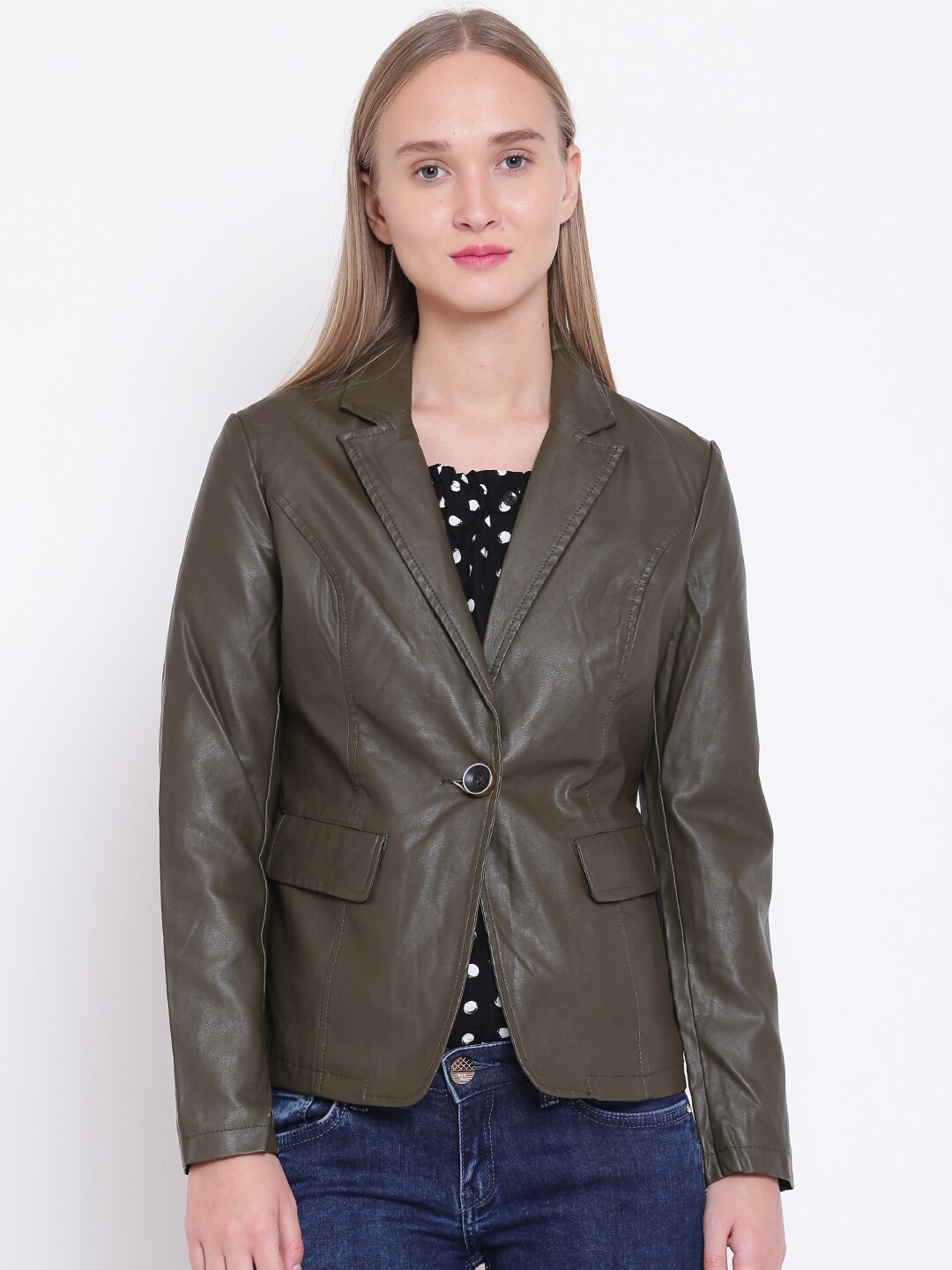 Wills Lifestyle Women Olive Green Solid Faux Leather Jacket