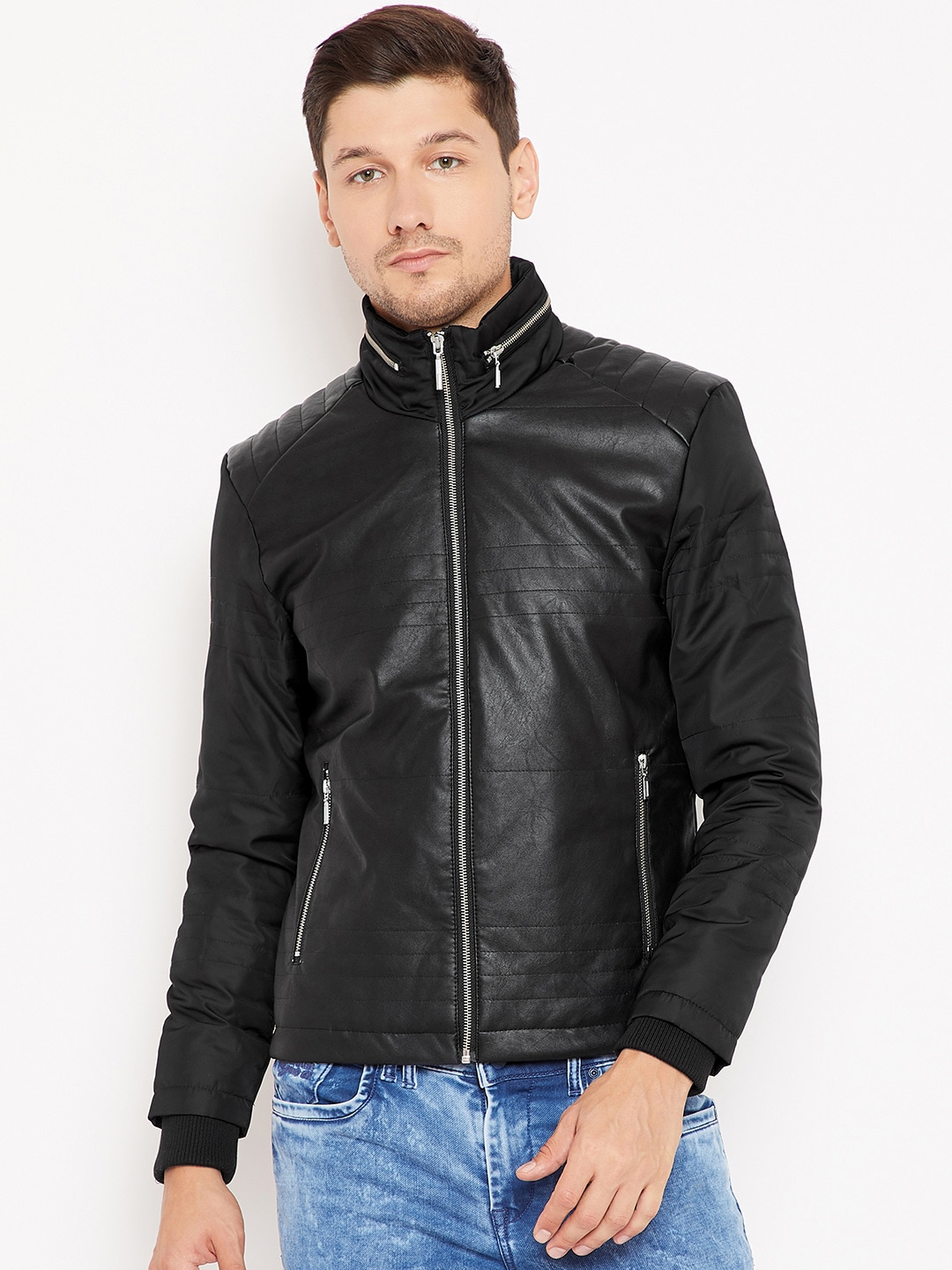 Wills Lifestyle Men Black Solid Biker Jacket