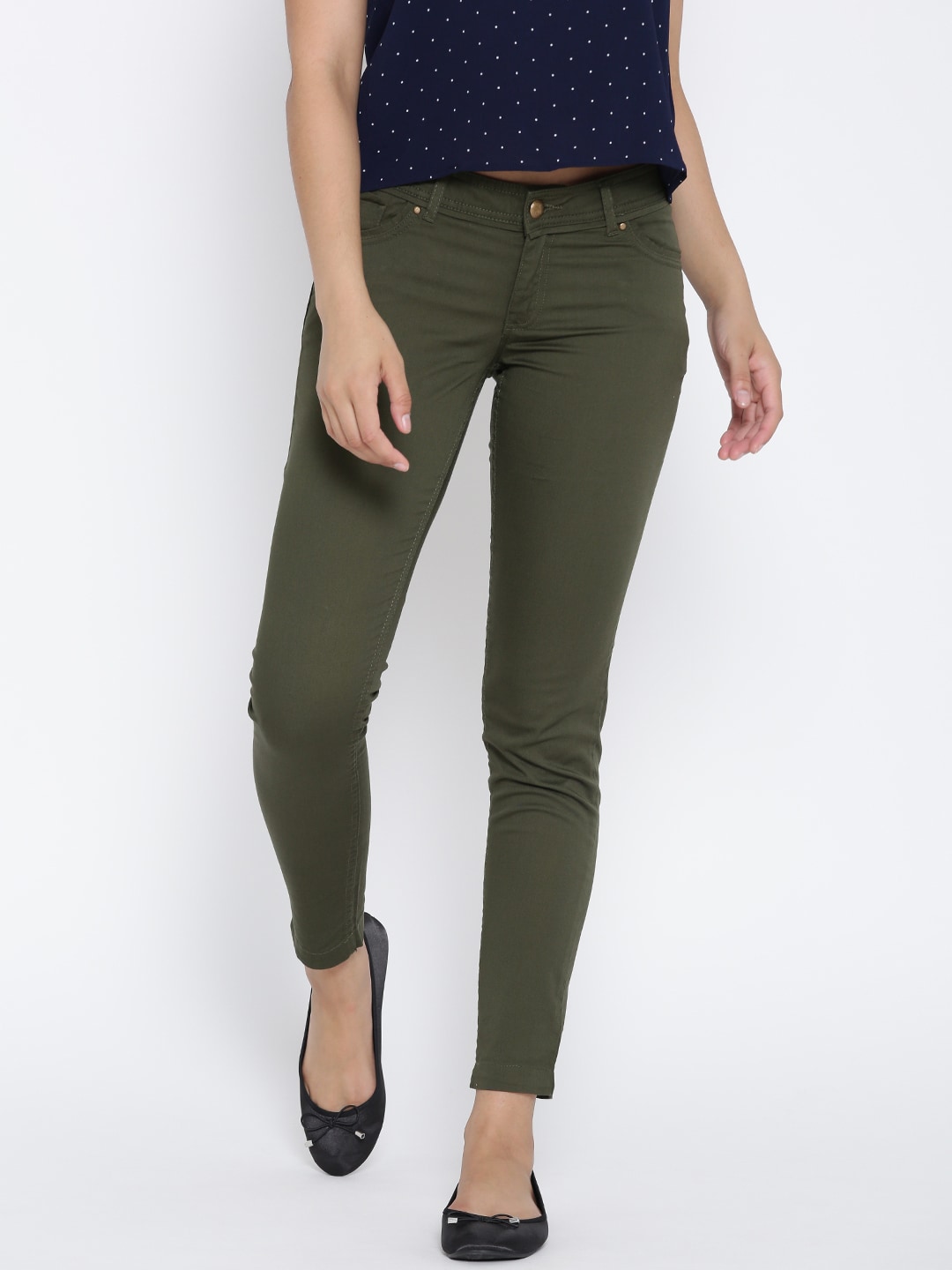 Wills Lifestyle Women Olive Green Skinny Fit Solid Ankle-Length Trousers