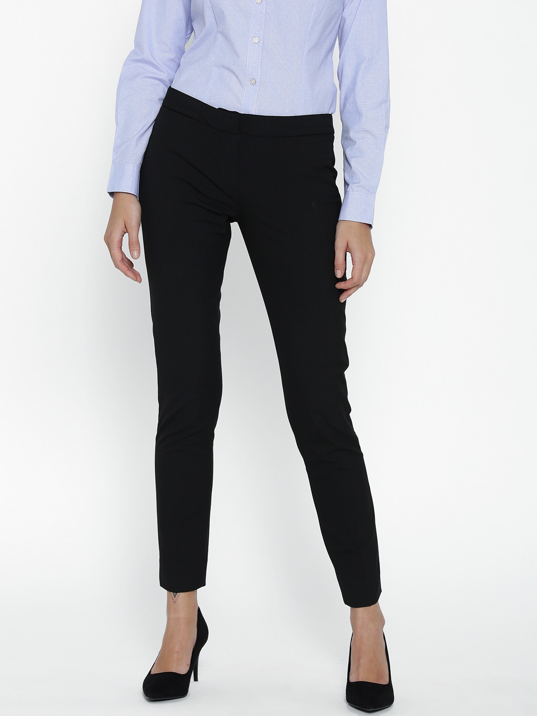 Wills Lifestyle Women Black Slim Fit Solid Formal Trousers