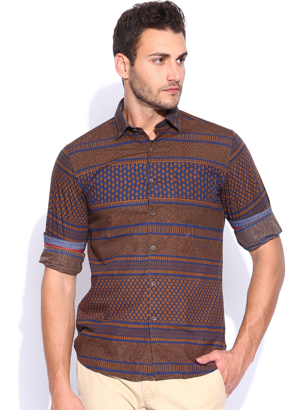 Wills Sport Lifestyle Brown  Blue Printed Slim Casual Shirt