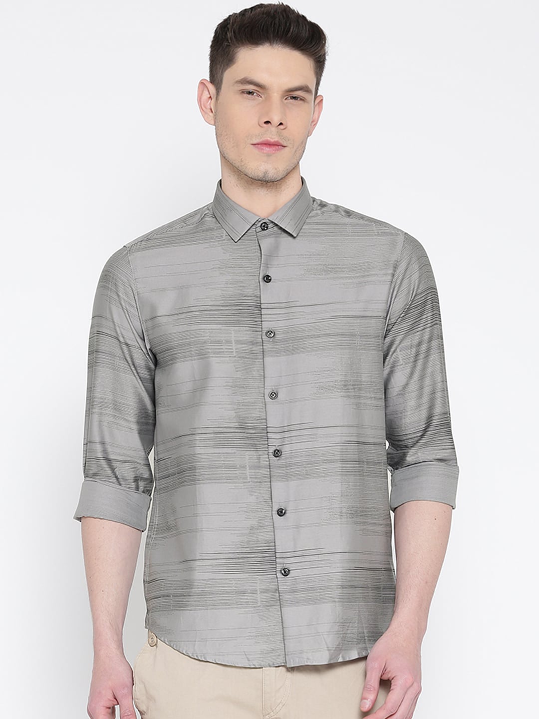 Wills Lifestyle Grey Printed Slim Fit Partywear Shirt