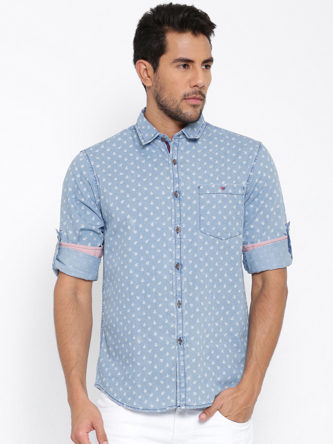 Wills Lifestyle Blue Denim Printed Slim Casual Shirt