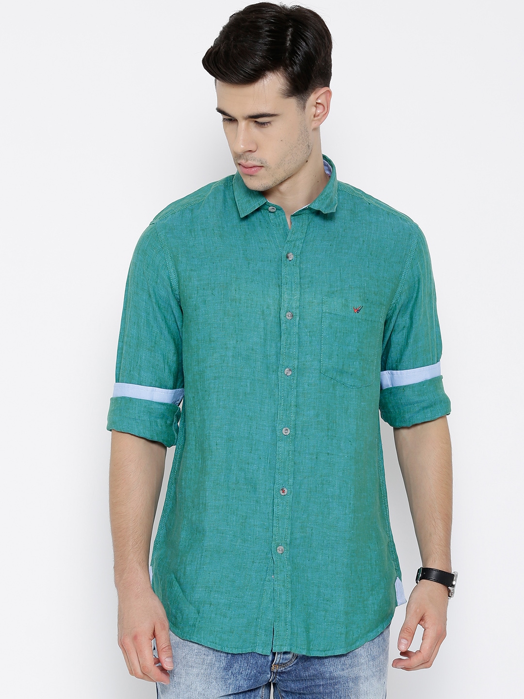 Wills Lifestyle Teal Green Linen Dual-Toned Slim Casual Shirt