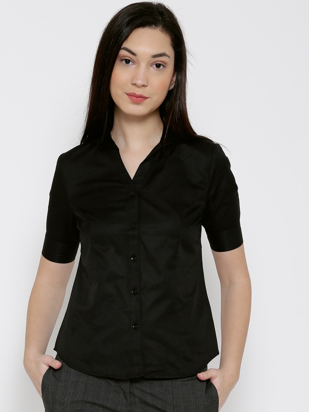 Wills Lifestyle Women Black Solid Formal Shirt