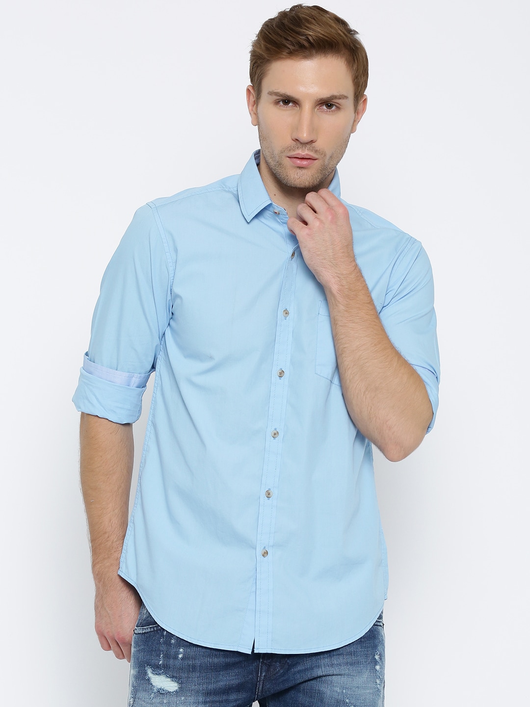 Wills Lifestyle Men Blue Slim Fit Solid Casual Shirt