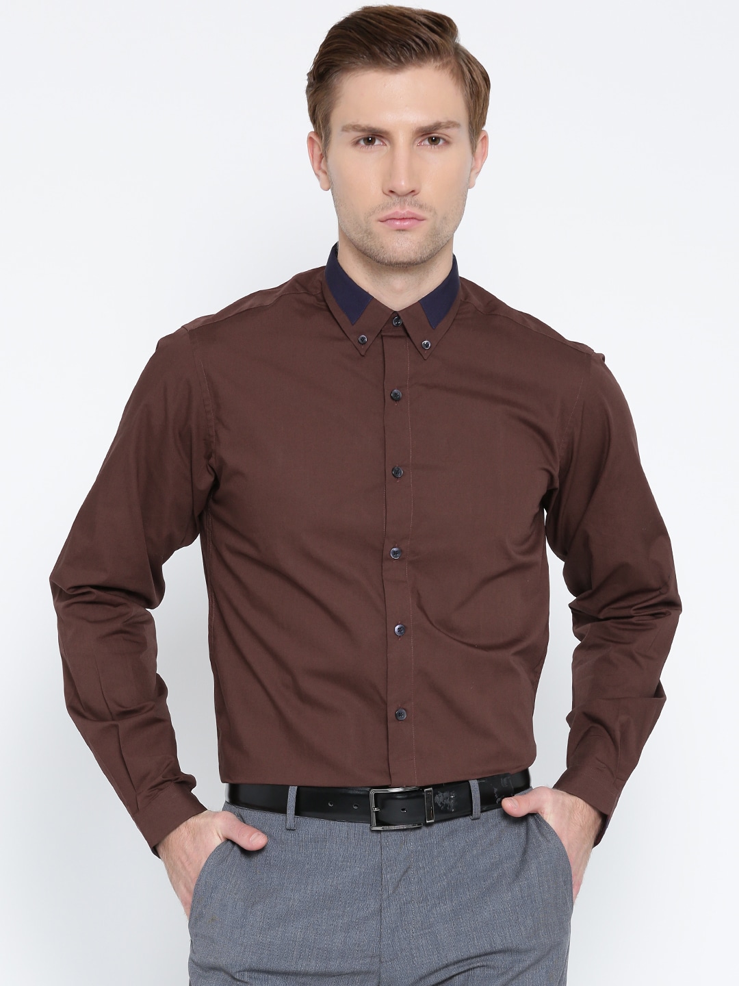 Wills Lifestyle Men Brown Slim Fit Solid Semiformal Shirt