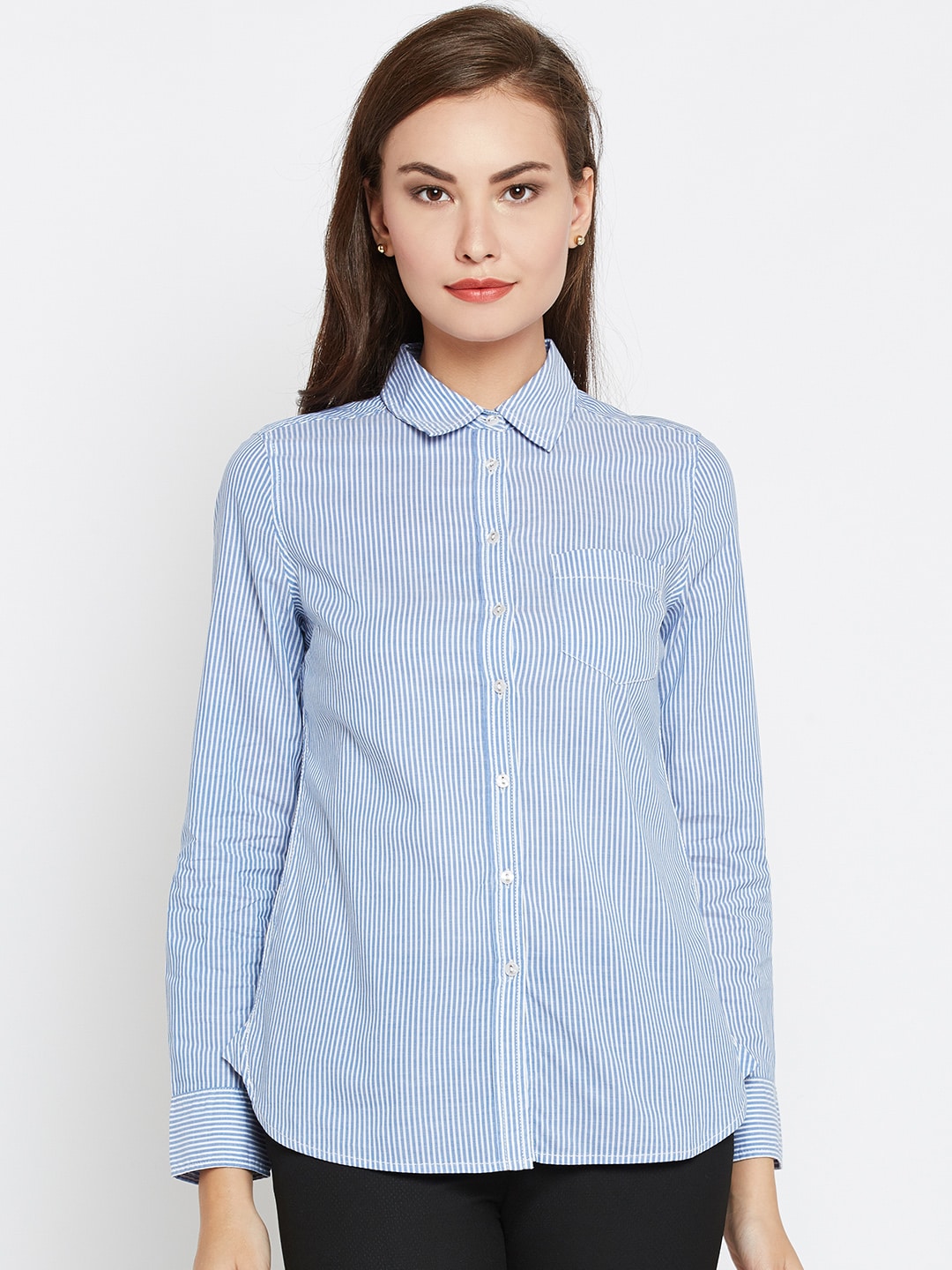 Wills Lifestyle Women Blue  White Striped Casual Shirt