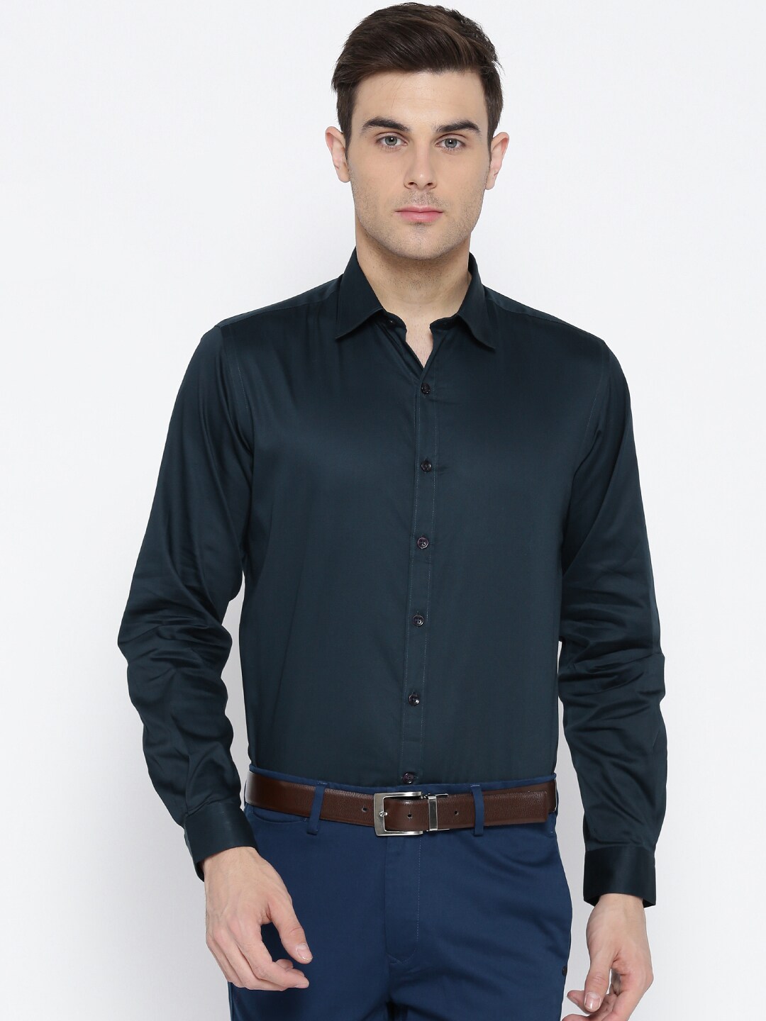 Wills Lifestyle Men Navy Slim Fit Solid Smart Casual Shirt