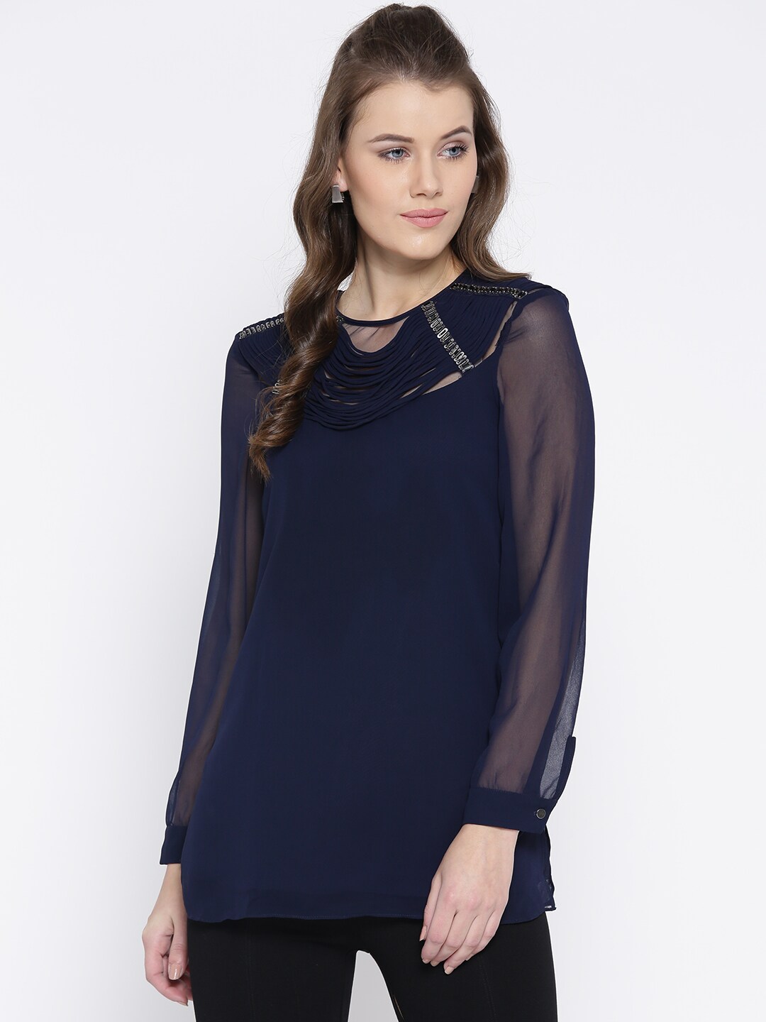 Wills Lifestyle Women Navy Blue Embellished Detail A-Line Top