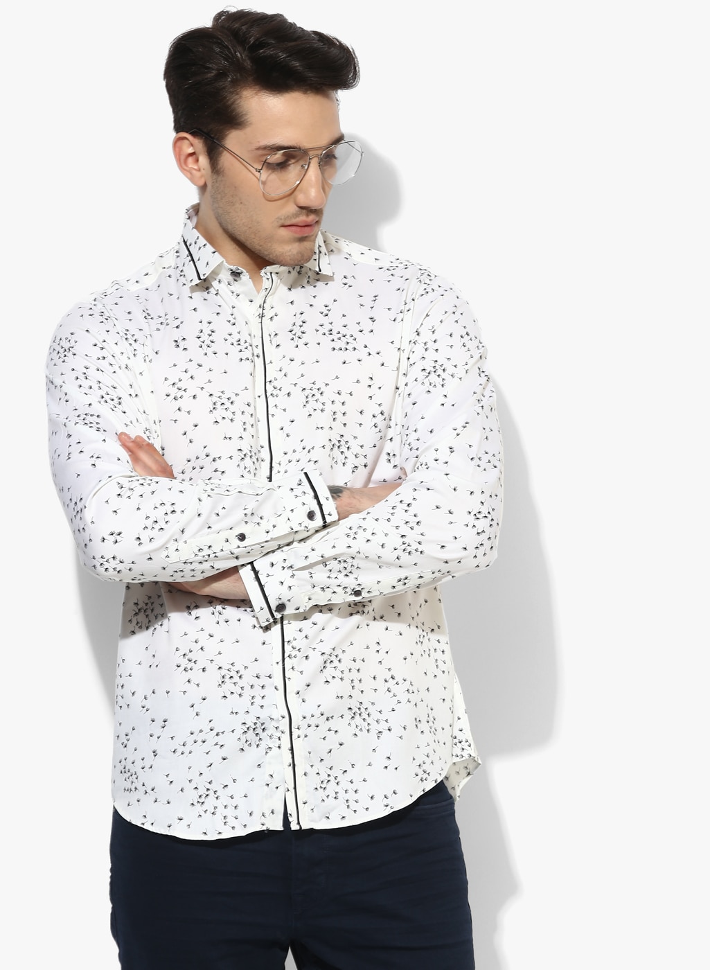 Off White Printed Slim Fit Casual Shirt