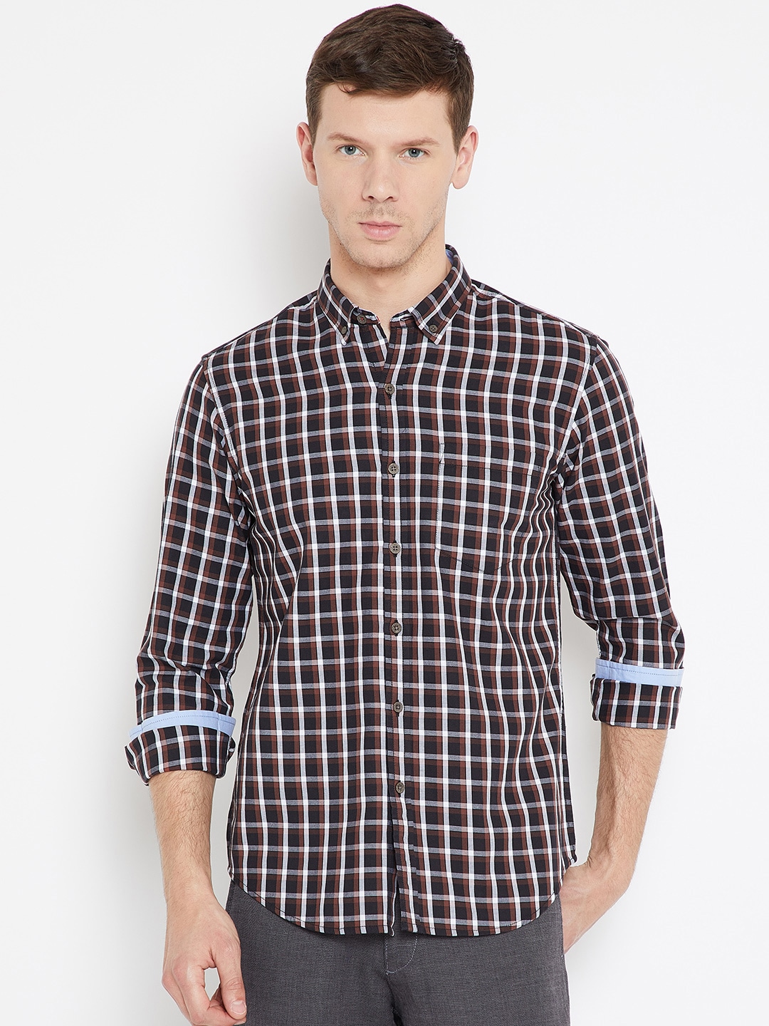 Wills Lifestyle Men Black  Brown Slim Fit Checked Casual Shirt