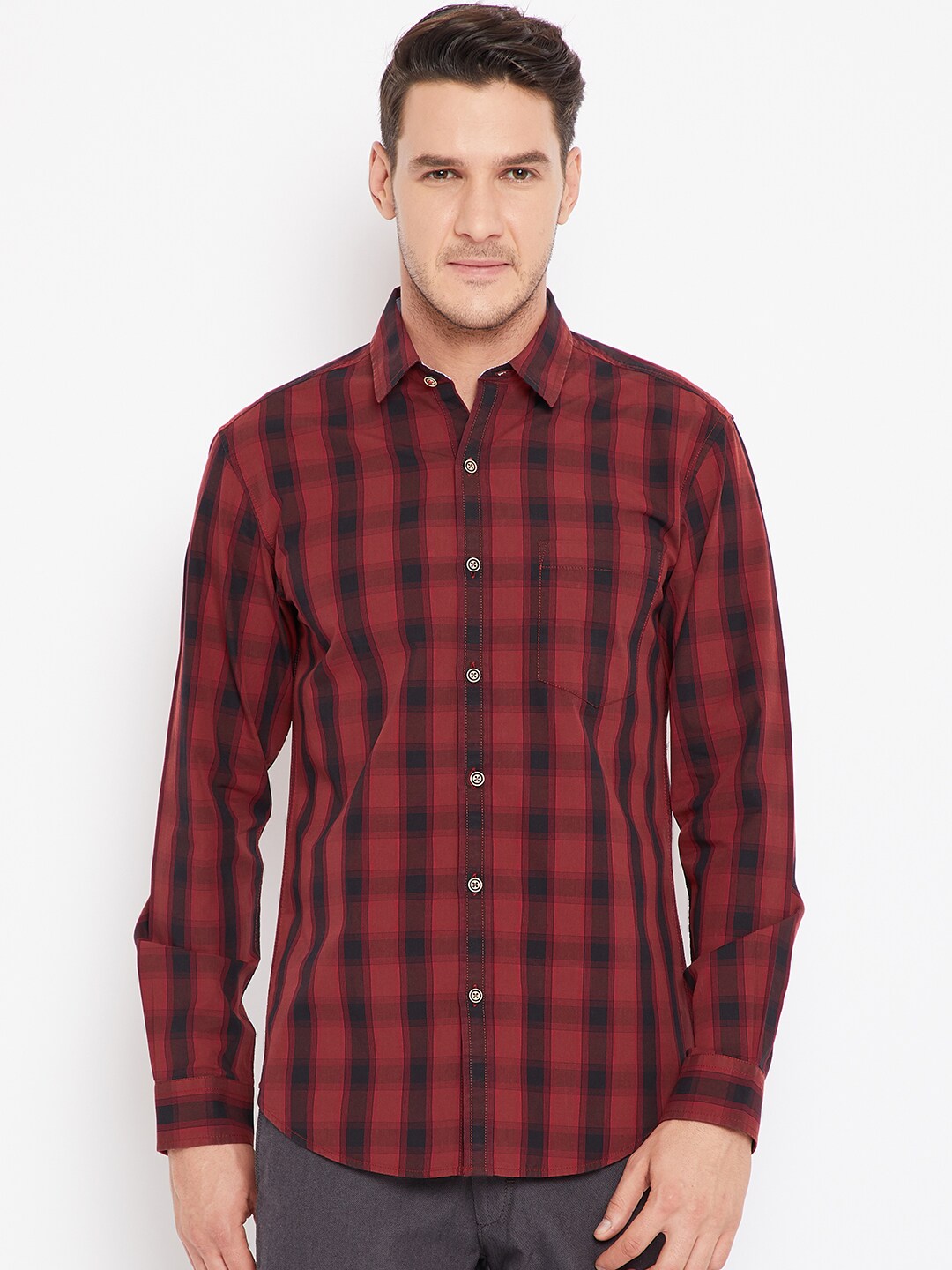 Wills Lifestyle Men Red  Black Slim Fit Checked Casual Shirt