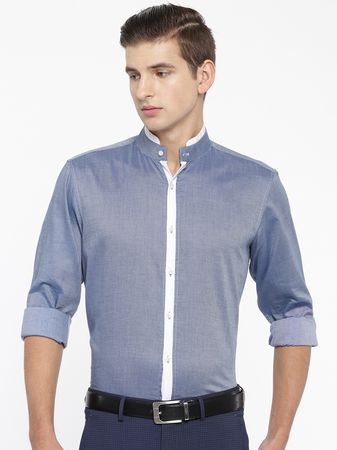 Wills Lifestyle Men Blue Regular Fit Self Design Formal Shirt