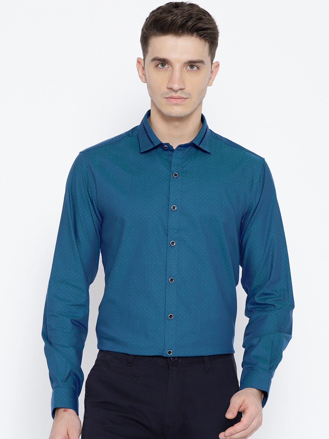 Wills Lifestyle Men Teal Blue Slim Fit Self Design Smart Casual Shirt