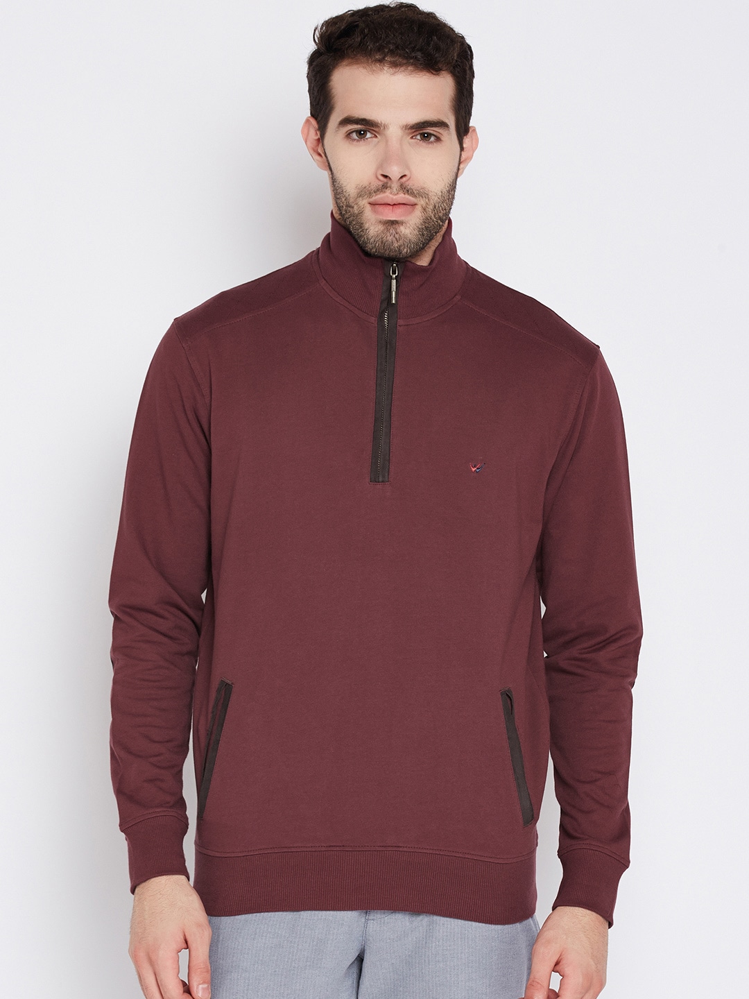 Wills Lifestyle Men Burgundy Solid Sweatshirt