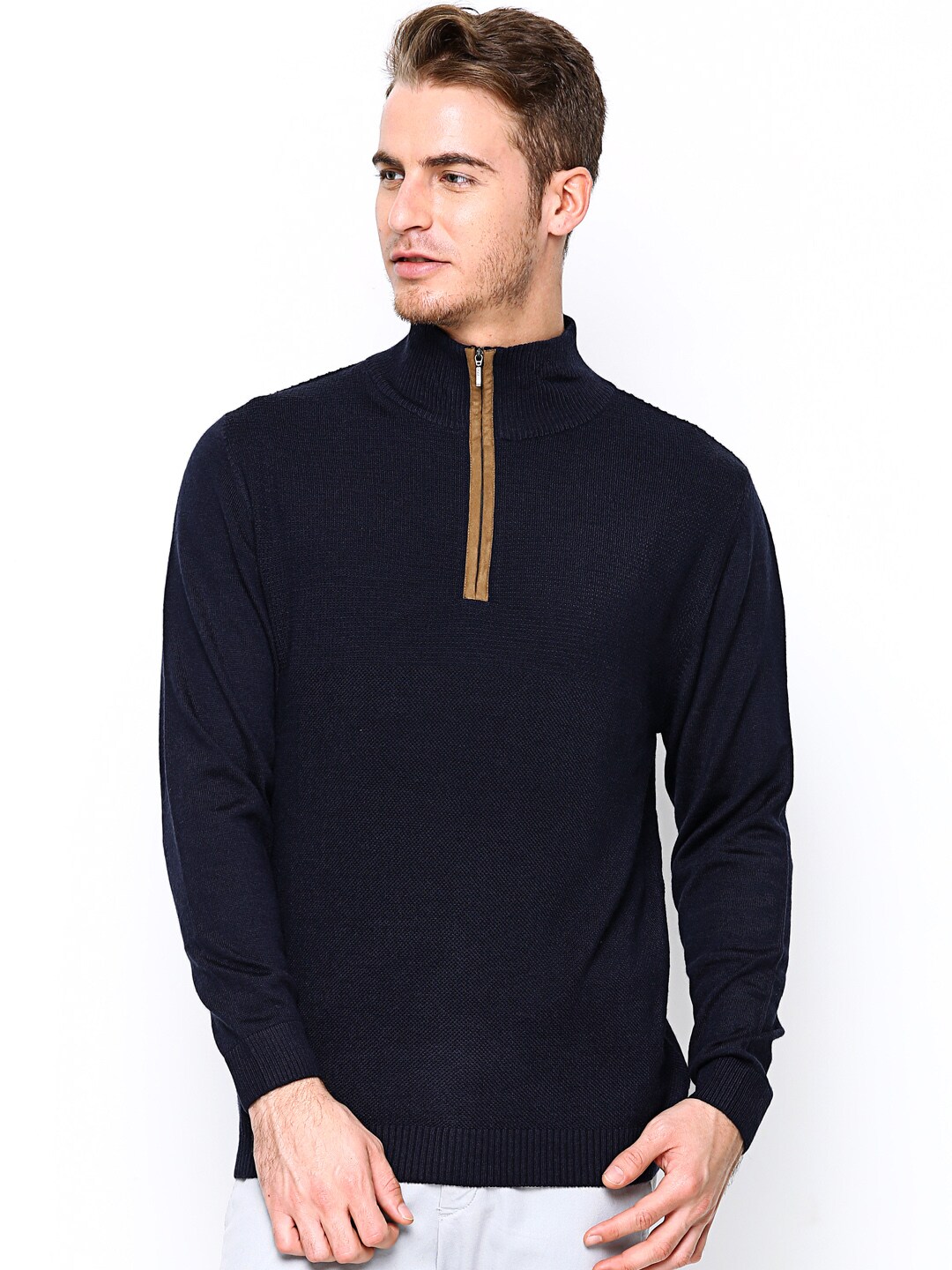 Wills Lifestyle Men Navy Wool Blend Sweater