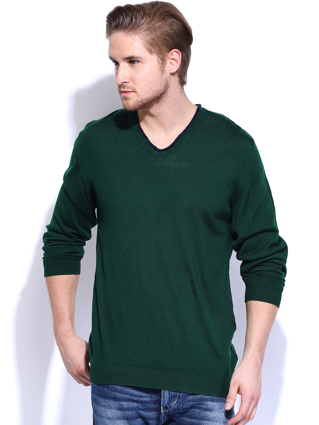 Wills Lifestyle Men Green Woollen Sweater