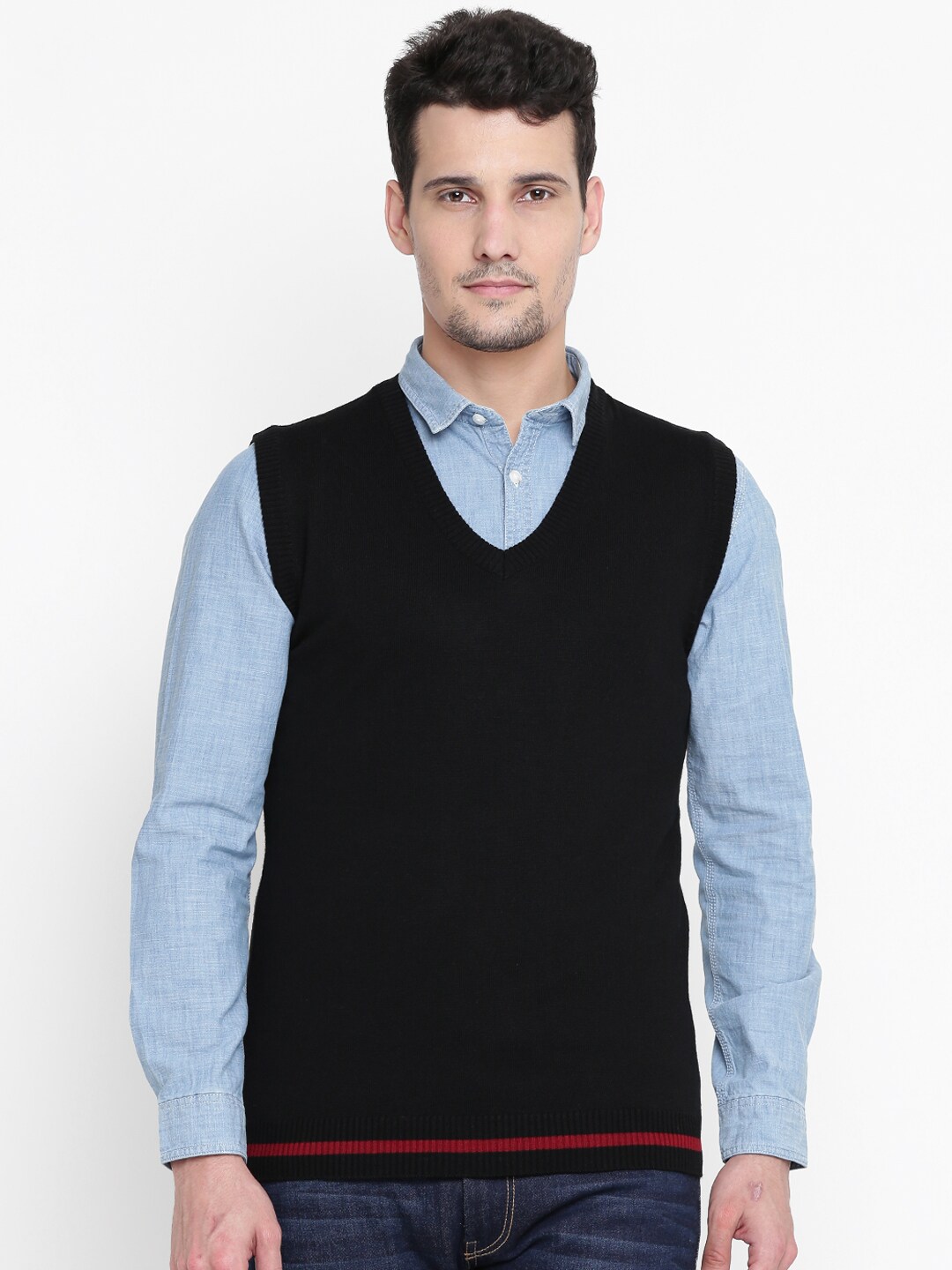 Wills Lifestyle Men Black Solid Sleeveless Sweater