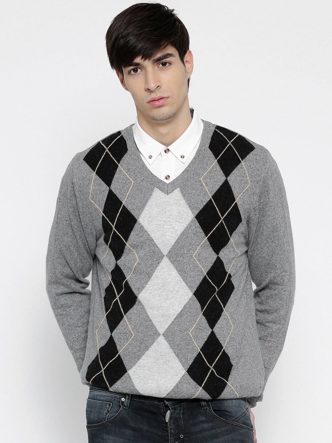 Wills Lifestyle Men Grey Melange Argyle Sweater