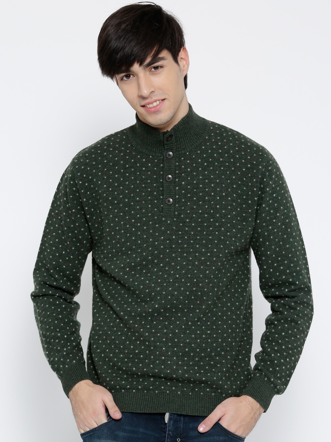 Wills Lifestyle Men Green Patterned Sweater