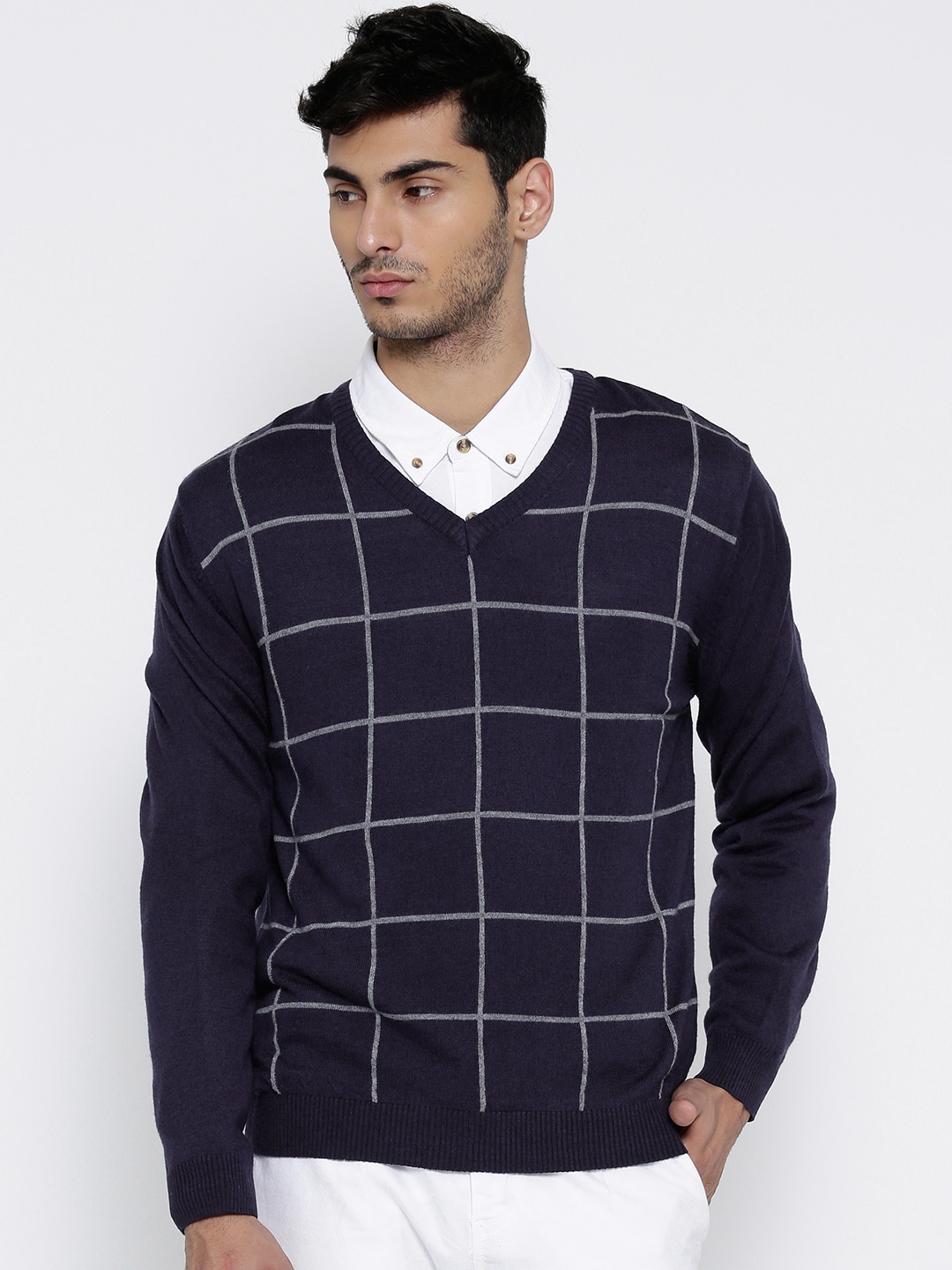 Wills Lifestyle Men Navy Checked Sweater