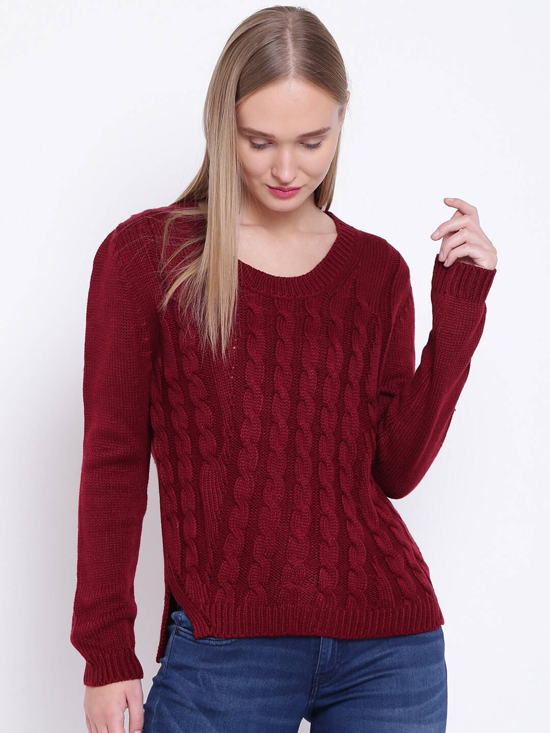 Wills Lifestyle Women Maroon Self-Design Sweater