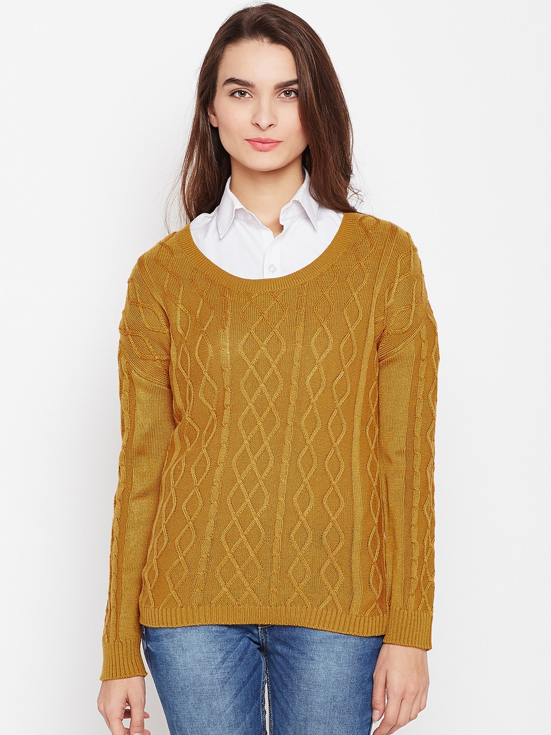 Wills Lifestyle Women Mustard Yellow Self-Design Sweater