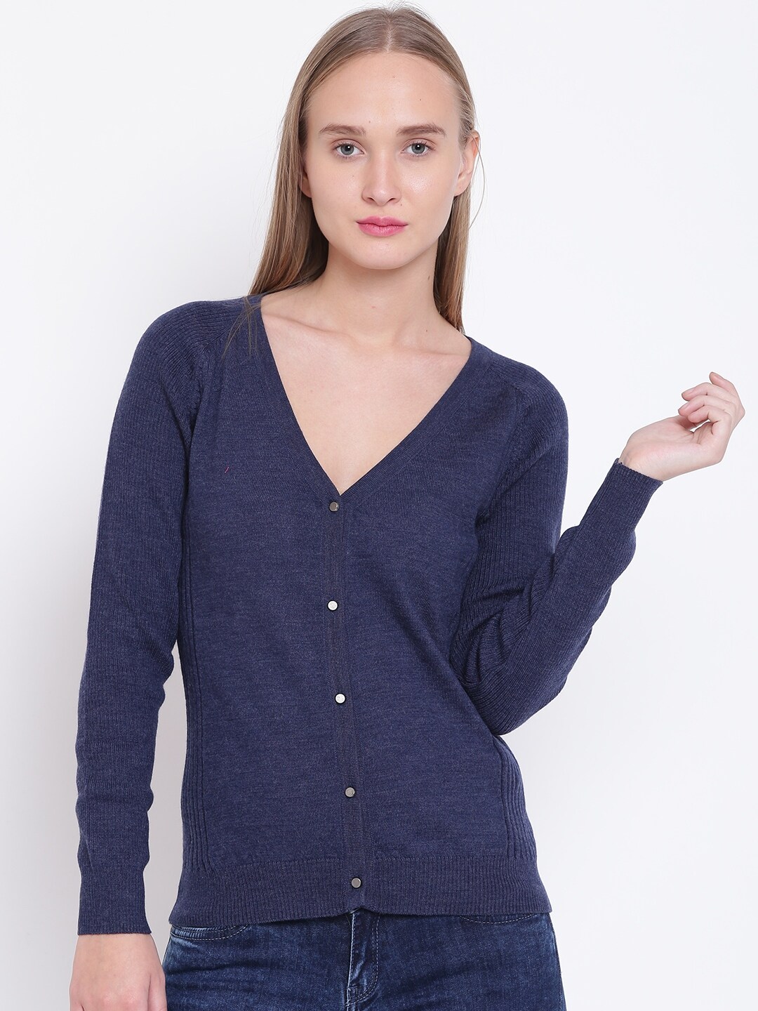 Wills Lifestyle Women Navy Blue Solid Cardigan