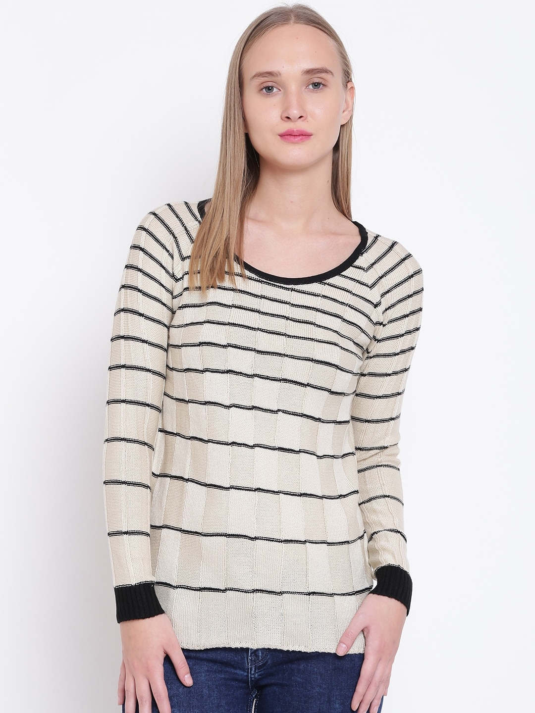 Wills Lifestyle Women Beige  Black Self Design Sweater